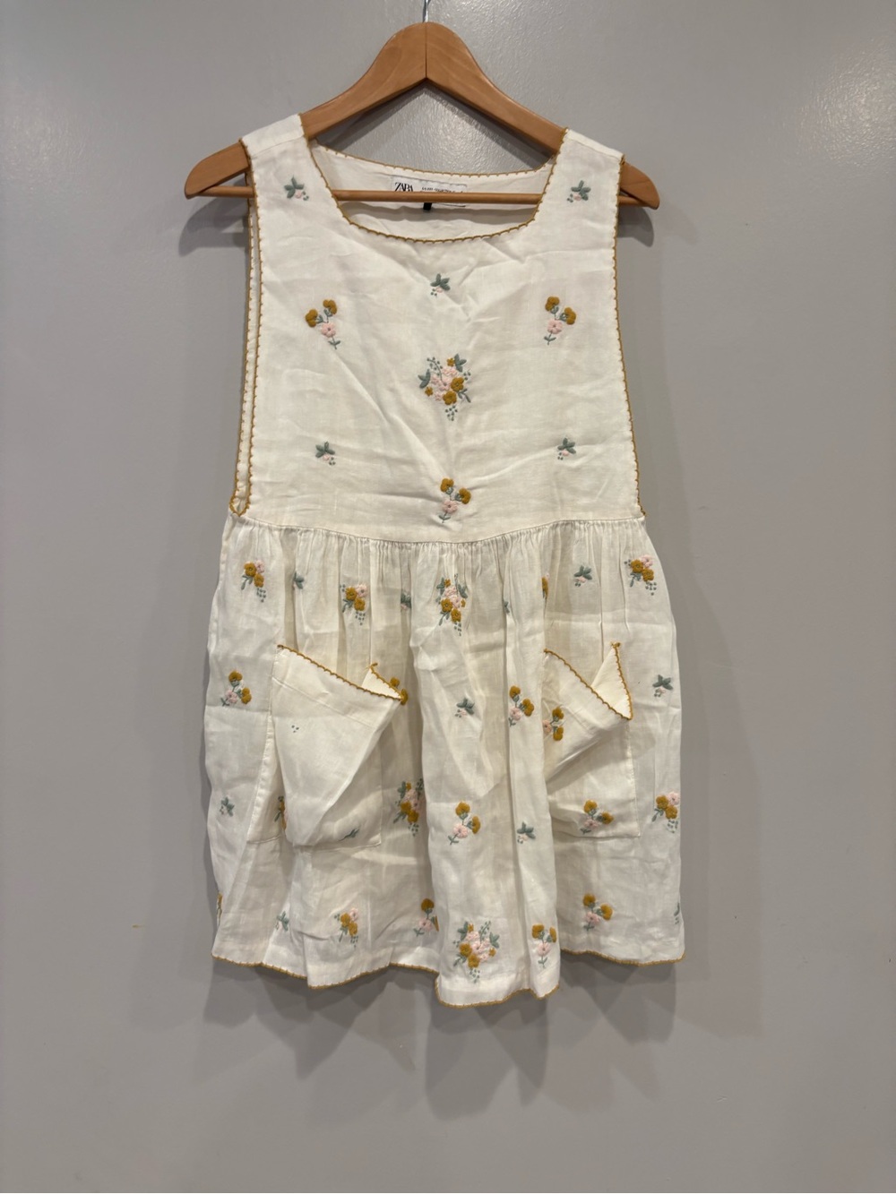 Zara White Sleeveless Dress with Yellow Floral Embroidery